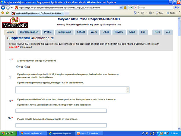 Screenshot of Supplemental Questionnaire for Maryland State Police Trooper Application